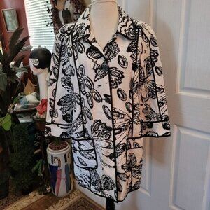 Chico's linen Jacket Size 2 Two Large Black White Geometric Floral Print